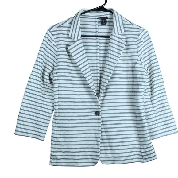 Tahari Womens Jacket White Gray Striped Button Blazer Stretch Large - Picture 1 of 12